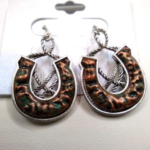 Horseshoe 3-tone Metal Coppertone Patina Earrings